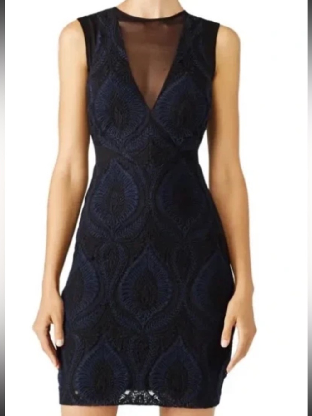 Nicole Miller Navy and Black Lace Midi Dress with Illusion Mesh